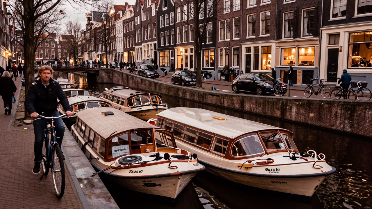 Copper-toned Amsterdam street scene with canal boats and cyclists at dusk in in Amsterdam, Netherlands