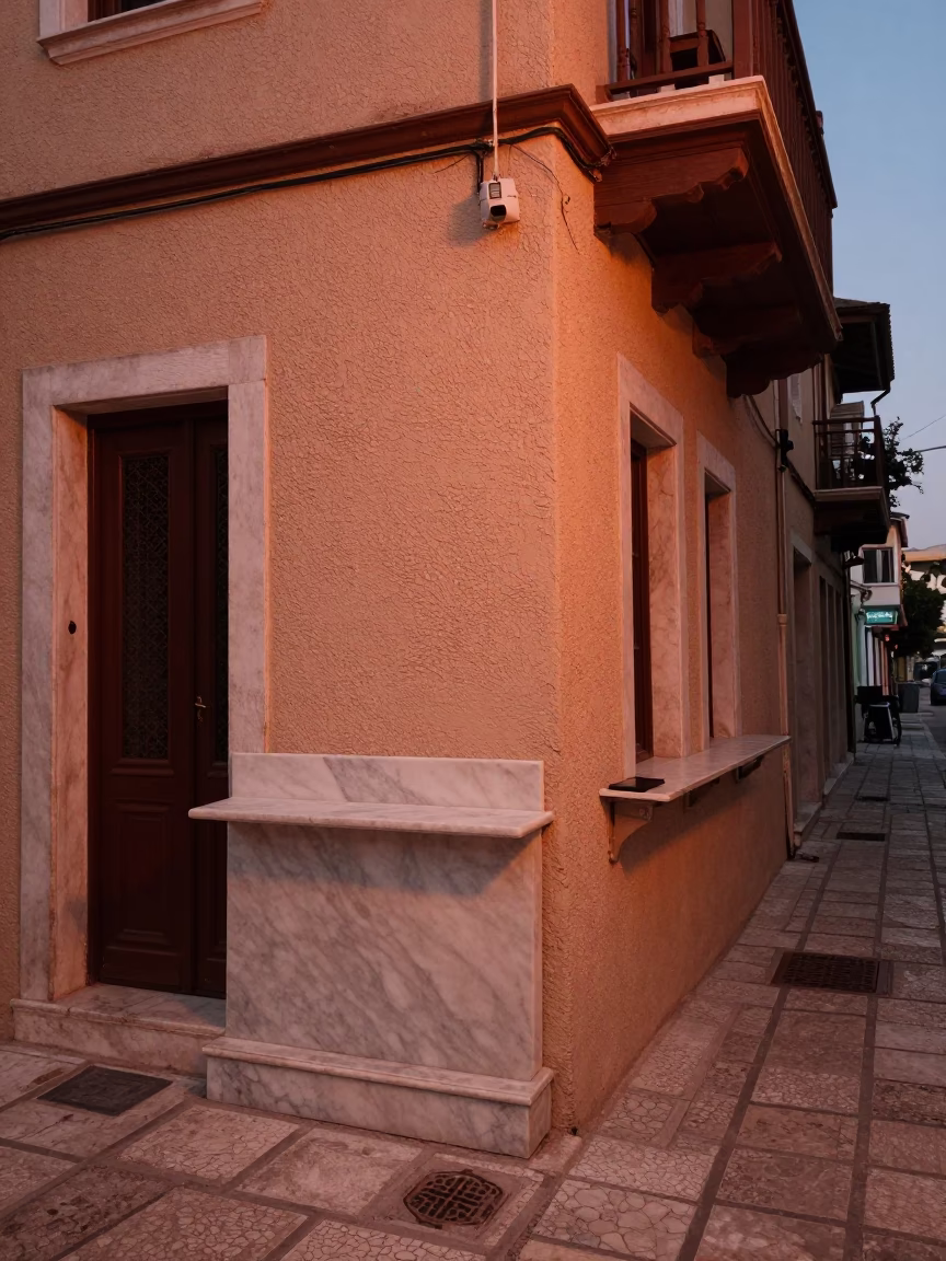 Copper Toned Athens Dusk Street Scene with Marble Detail and Urban Life in in Athens, Greece