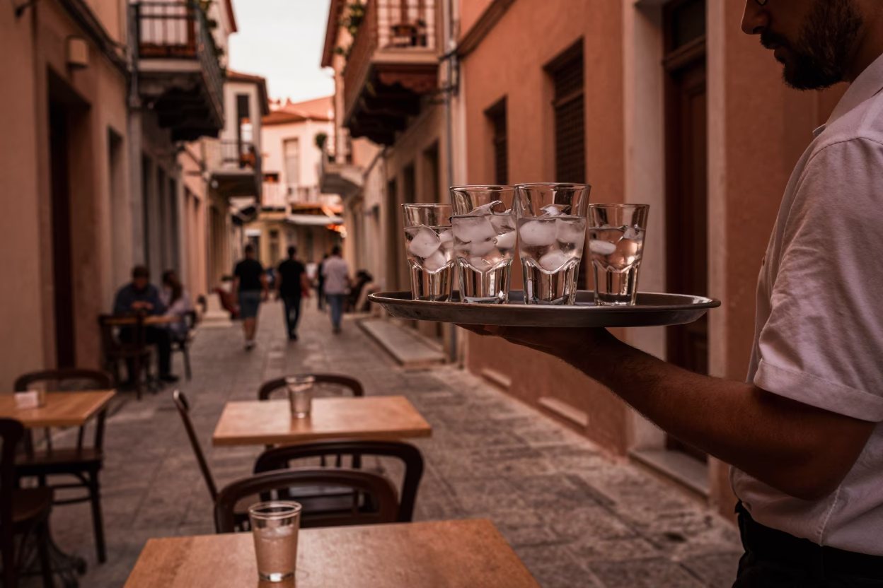 Copper-Toned Athens Street Scene with Glass Tumblers and Local Evening Activity in in Athens, Greece