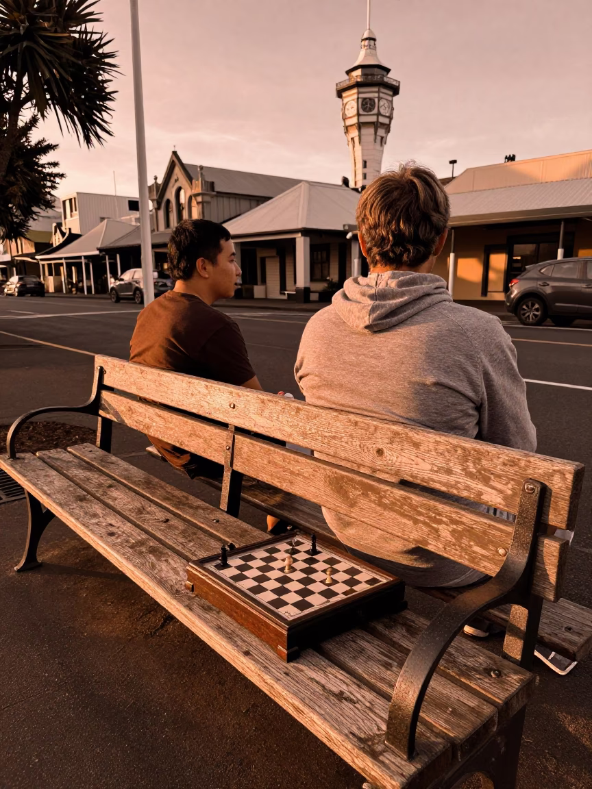 Copper Toned Auckland Street Scene with Chess Clock and Bread Loaves Before Dusk in in Auckland, New Zealand