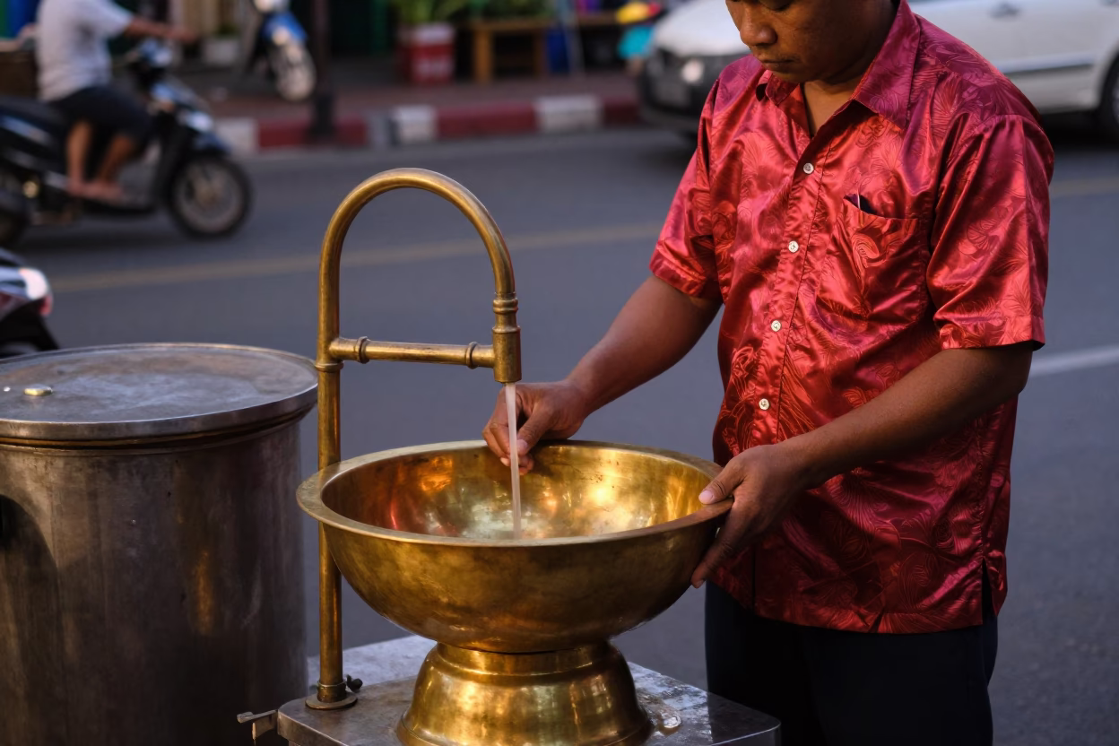 Copper-Toned Bangkok Street Scene with Brass Wash Basin and Prayer Beads at Dusk in in Bangkok, Thailand