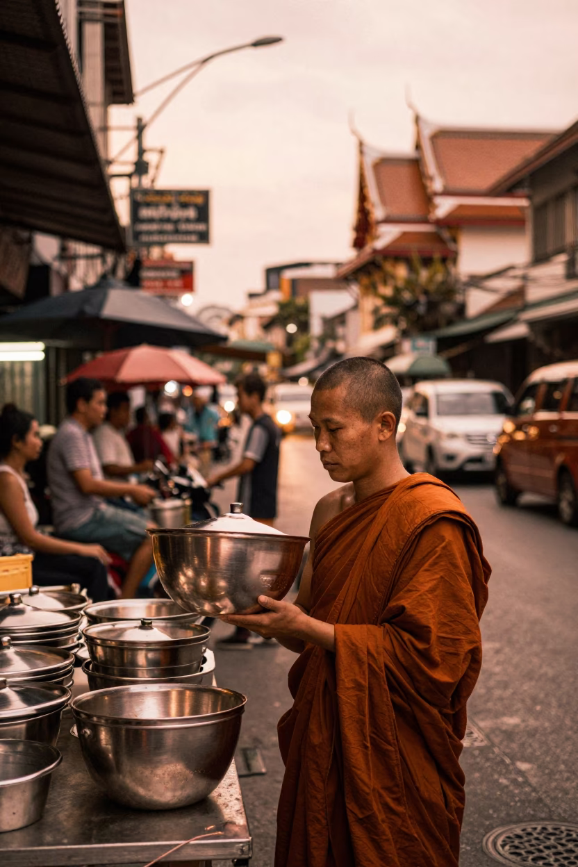 Copper-toned Bangkok street scene with monk alms and brushed steel basin in in Bangkok, Thailand