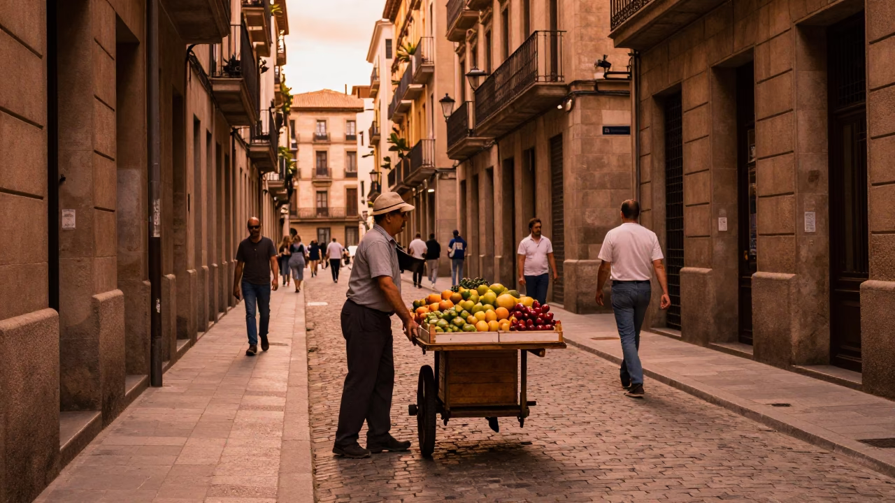 Copper-Toned Barcelona Dusk Street Scene with Vintage 1970s Charm in in Barcelona, Spain