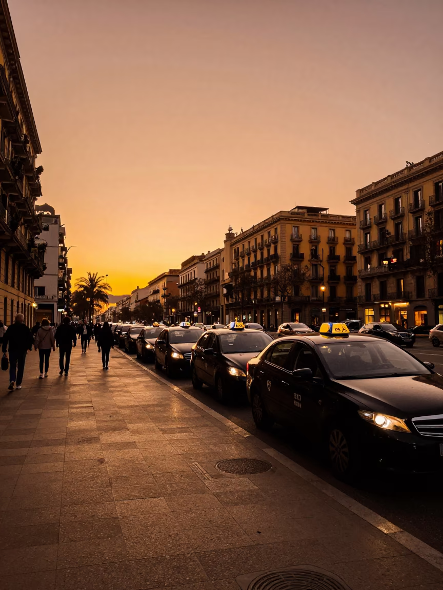 Copper-toned Barcelona street scene before dusk with taxi rank and urban life in in Barcelona, Spain