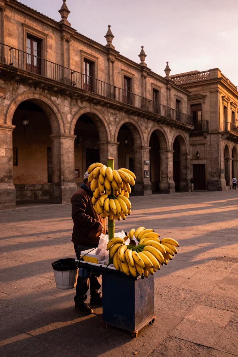 Copper Toned Barcelona Street Scene with Banana Vendor and Traditional Stone Architecture in in Barcelona, Spain