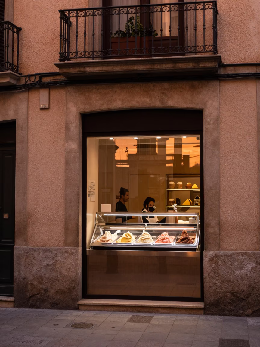 Copper Toned Barcelona Street Scene With Gelato Shop Window Display Before Dusk in in Barcelona, Spain