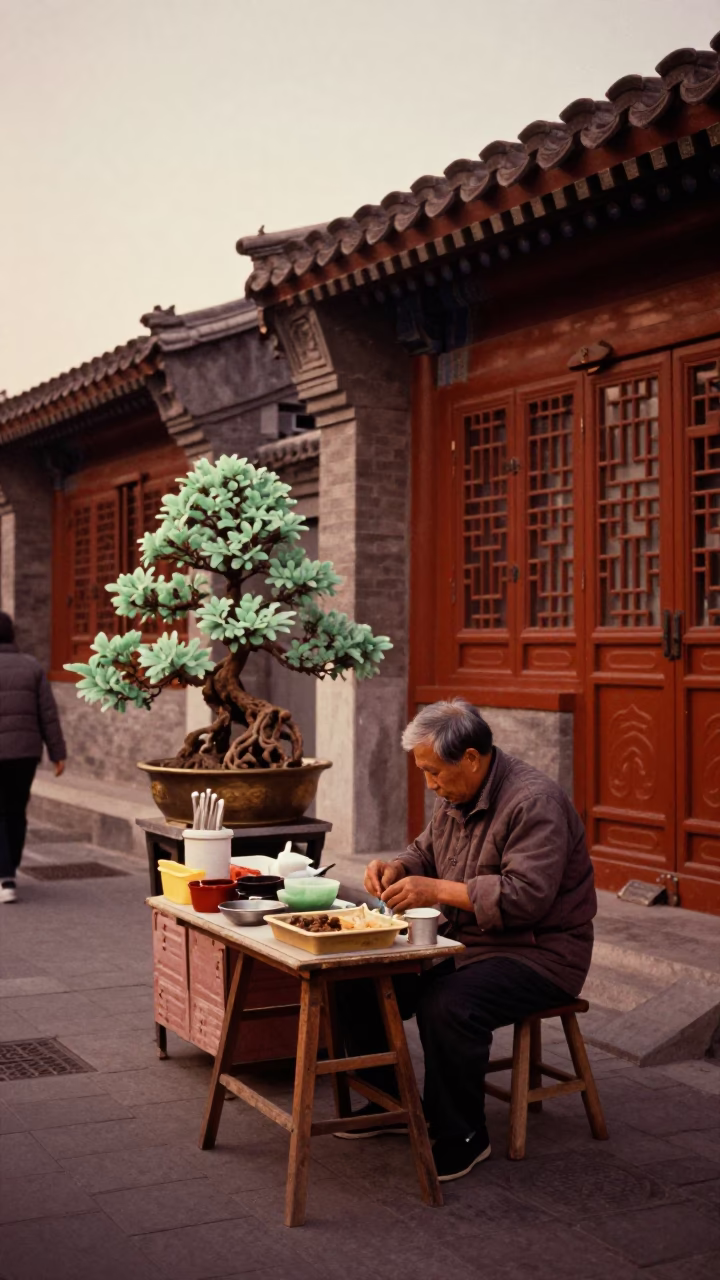Copper-toned Beijing Dusk Street Scene with Jade Bonsai and Brass Basin in in Beijing, China