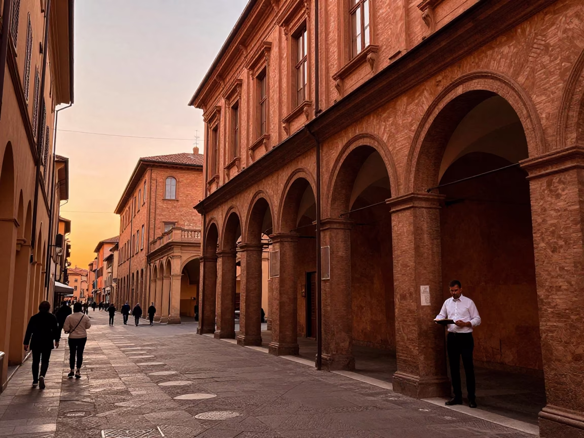 Copper-toned Bologna Italy dusk street scene with locals and traditional architecture in in Bologna, Italy