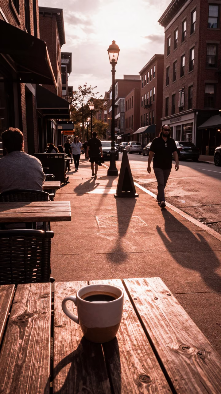 Copper-toned Boston street scene with wicker shadow on outdoor cafe table in in Boston, Massachusetts, United States
