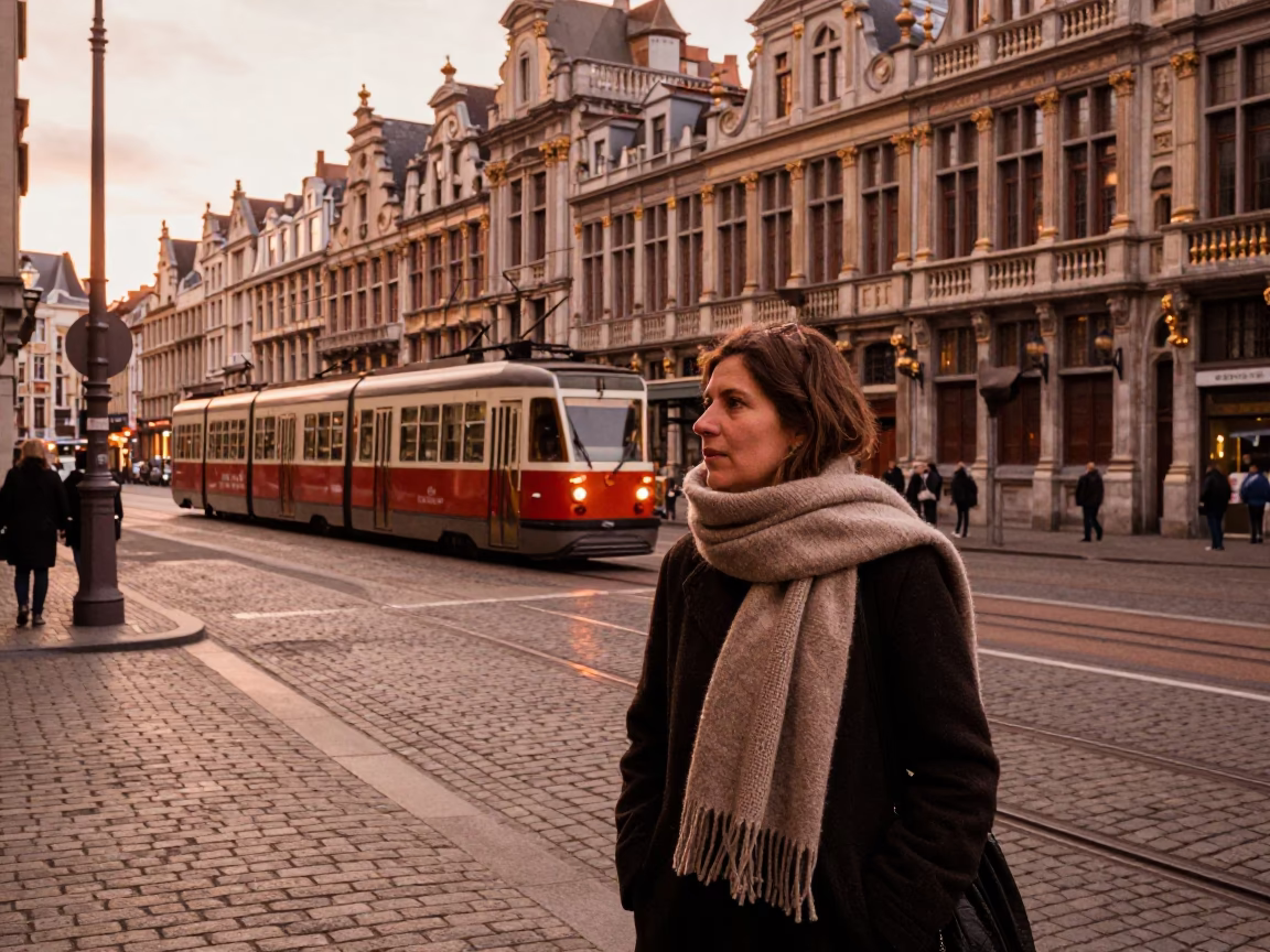Copper-Toned Brussels Street Scene with Vintage Funicular and Scarf in 1960s Belgium in in Brussels, Belgium