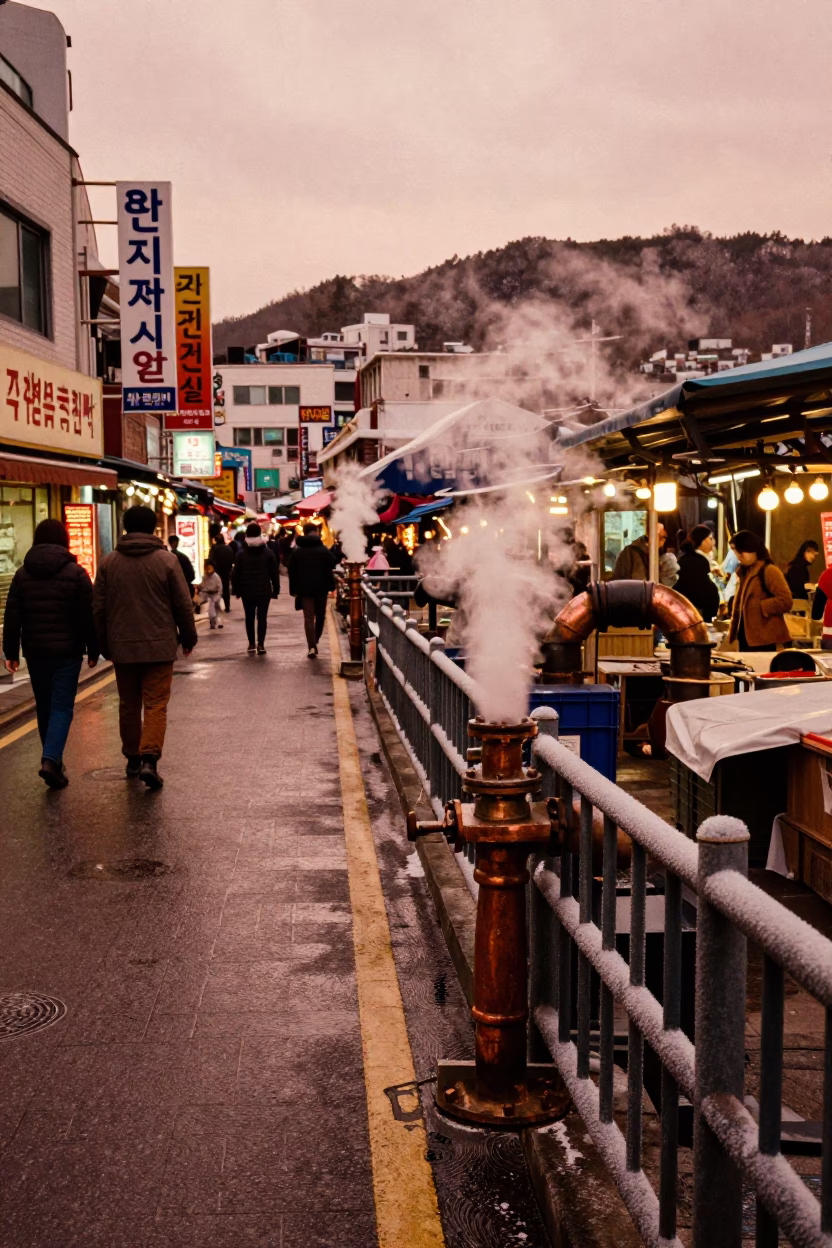 Copper-Toned Busan Street Scene with Steaming Pipes and Market Lanterns in in Busan, South Korea