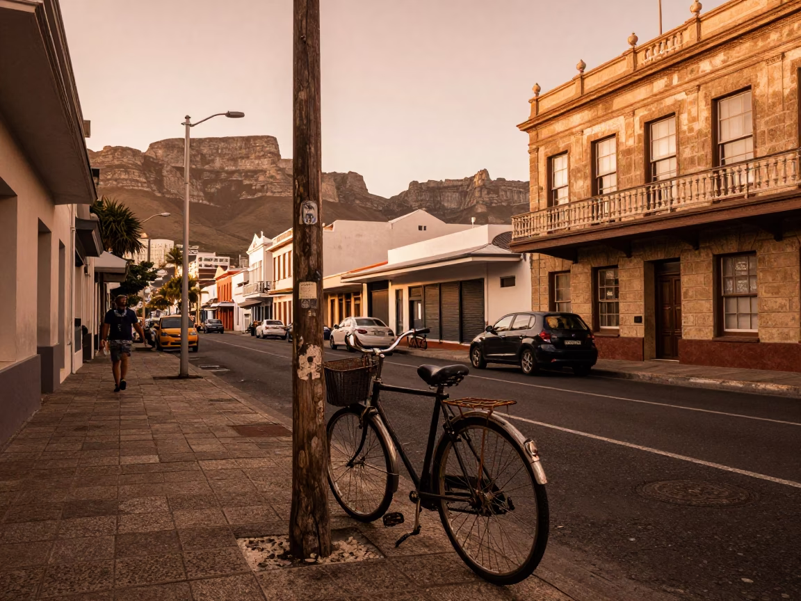 Copper-toned Cape Town street scene with vintage elements before dusk in in Cape Town, South Africa
