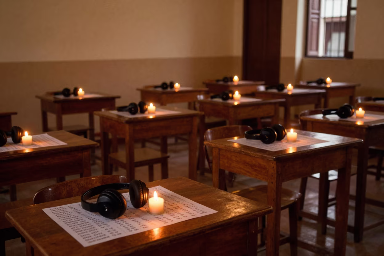 Copper Toned Classroom with Vocabulary Cards in inside a quiet classroom in Escuintla
