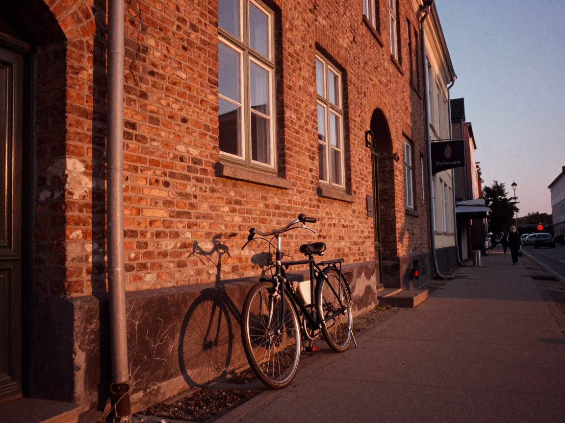 Copper Toned Copenhagen Dusk Street Scene with Local Art and Daily Life in in Copenhagen, Denmark