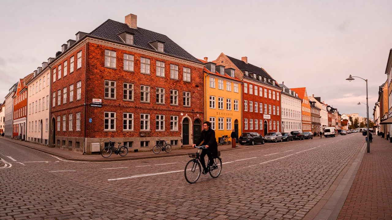 Copper-toned Copenhagen street scene with red brick architecture and bicycles at dusk in in Copenhagen, Denmark