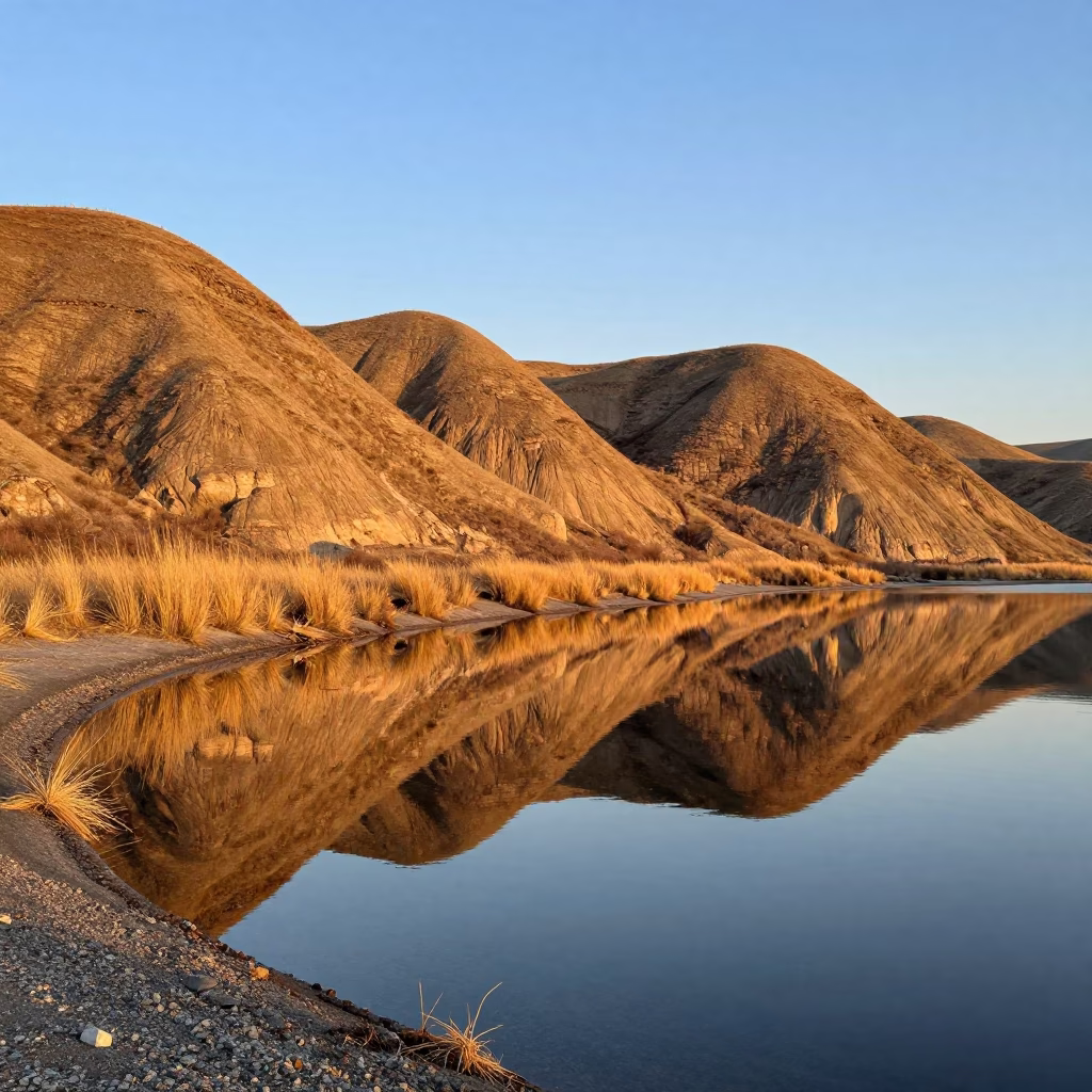 Copper Toned Drumlin Shoreline at Dusk in along a wave-cut shoreline in Azerbaijan