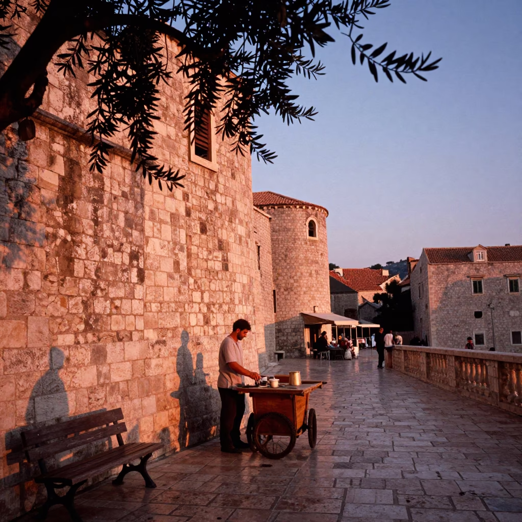 Copper Toned Dubrovnik Dusk Street Scene with Olive Branch and Local Market Life in in Dubrovnik, Croatia