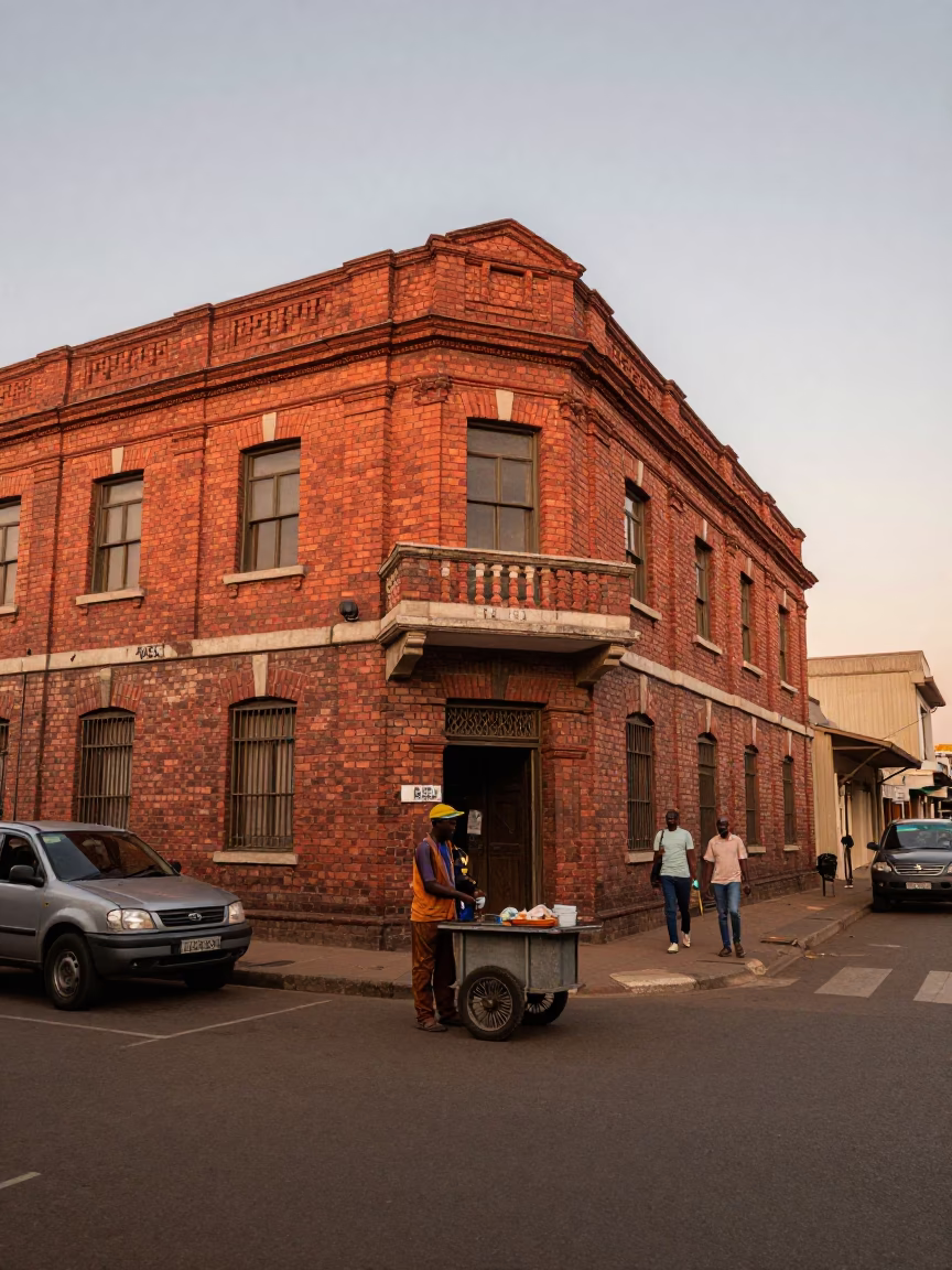 Copper-toned Durban Dusk Street Scene with Local Vendor and Aprons in in Durban, South Africa