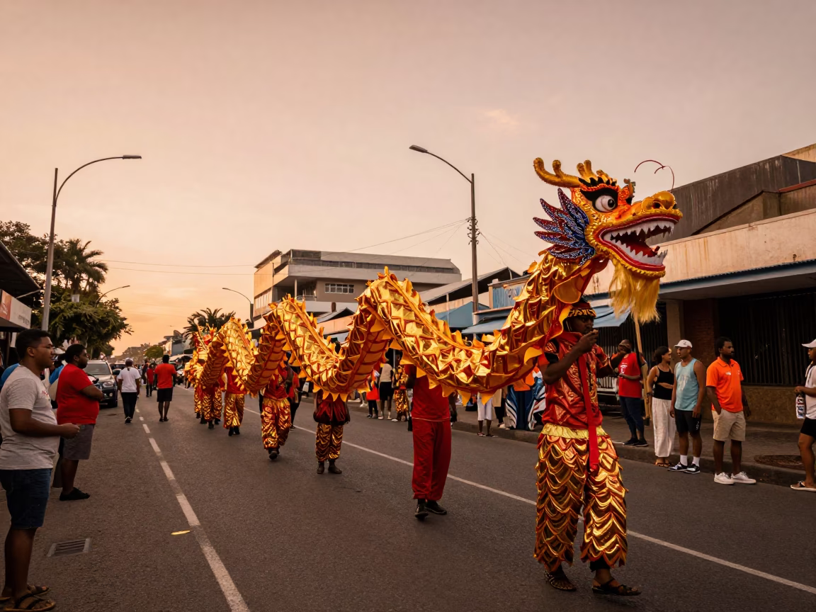 Copper-toned Durban Street Scene with Chinese New Year Dragon Winding Through Crowd in in Durban, South Africa