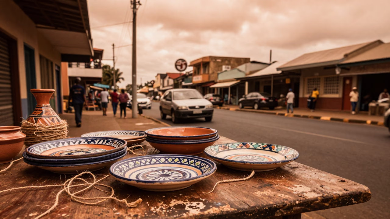 Copper-toned Durban Street Scene with Majolica Plates and Twine Fibers Before Dusk in in Durban, South Africa