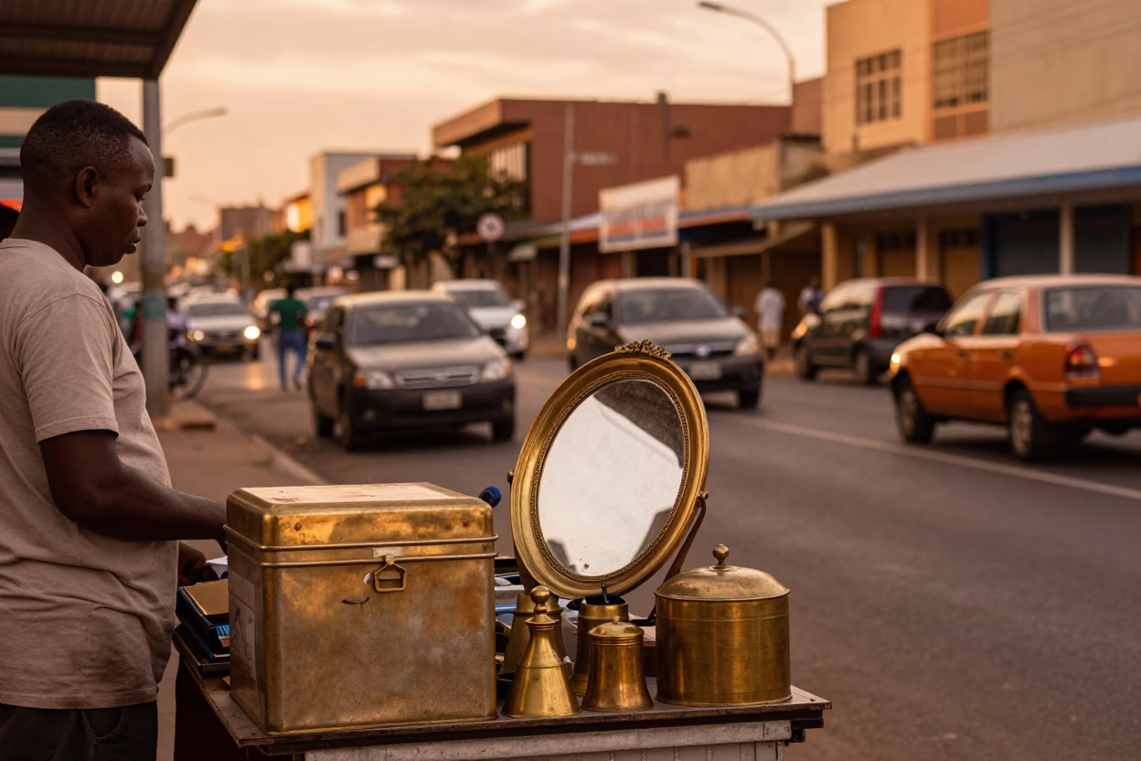 Copper-Toned Durban Street Scene with Tin Box and Brass Mirror Edge Before Dusk in in Durban, South Africa