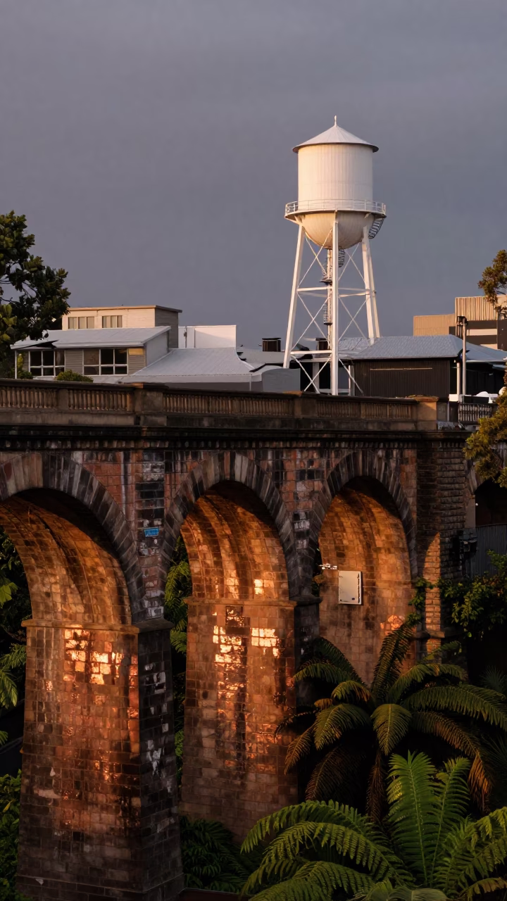 Copper-Toned Dusk at Flinders Street Viaduct Arch with Water Tower and Urban Activity in in Melbourne, Victoria, Australia