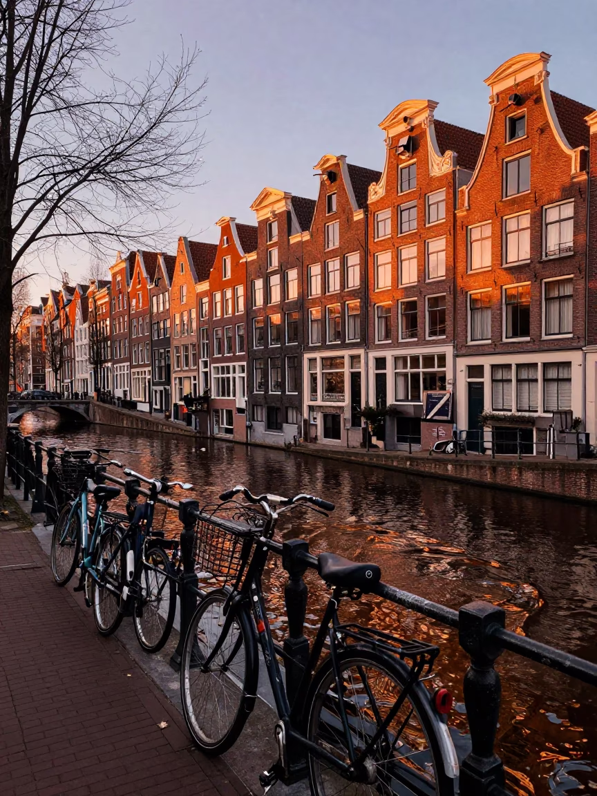 Copper-toned Dusk in Amsterdam Canal Street with Bicycle and Brick Architecture in in Amsterdam, Netherlands