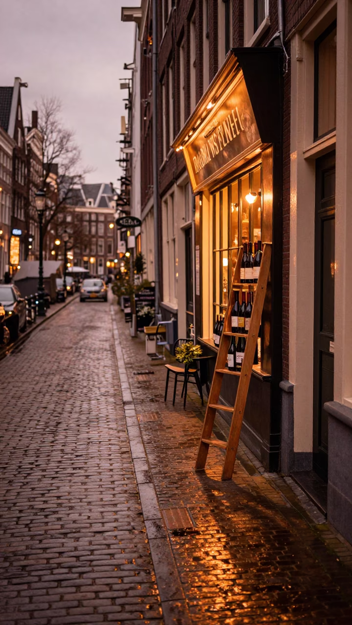Copper-toned Dusk in Amsterdam Street Scene with Wine Shop Ladder and Folding Stools in in Amsterdam, Netherlands