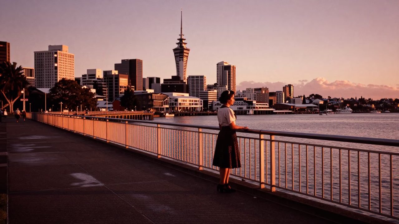 Copper Toned Dusk in Auckland New Zealand with Vintage Fashion and Local Street Details in in Auckland, New Zealand