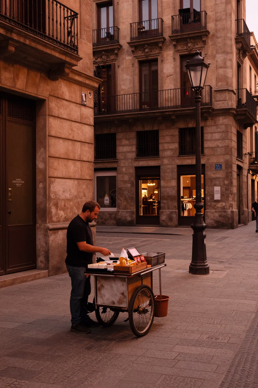 Copper Toned Dusk in Barcelona Street Scene with Local Vendor and Pitcher in in Barcelona, Spain