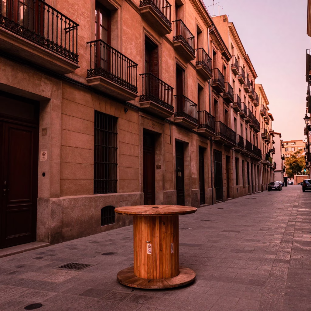 Copper-toned Dusk in Barcelona Street Scene with Wooden Spool Box and Leaf Shadows in in Barcelona, Spain