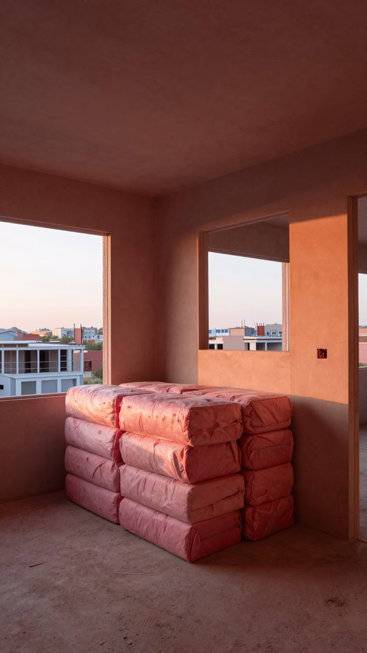 Copper-toned Dusk in Barcelona with Insulation Stack in Half-Finished Interior in in Barcelona, Spain