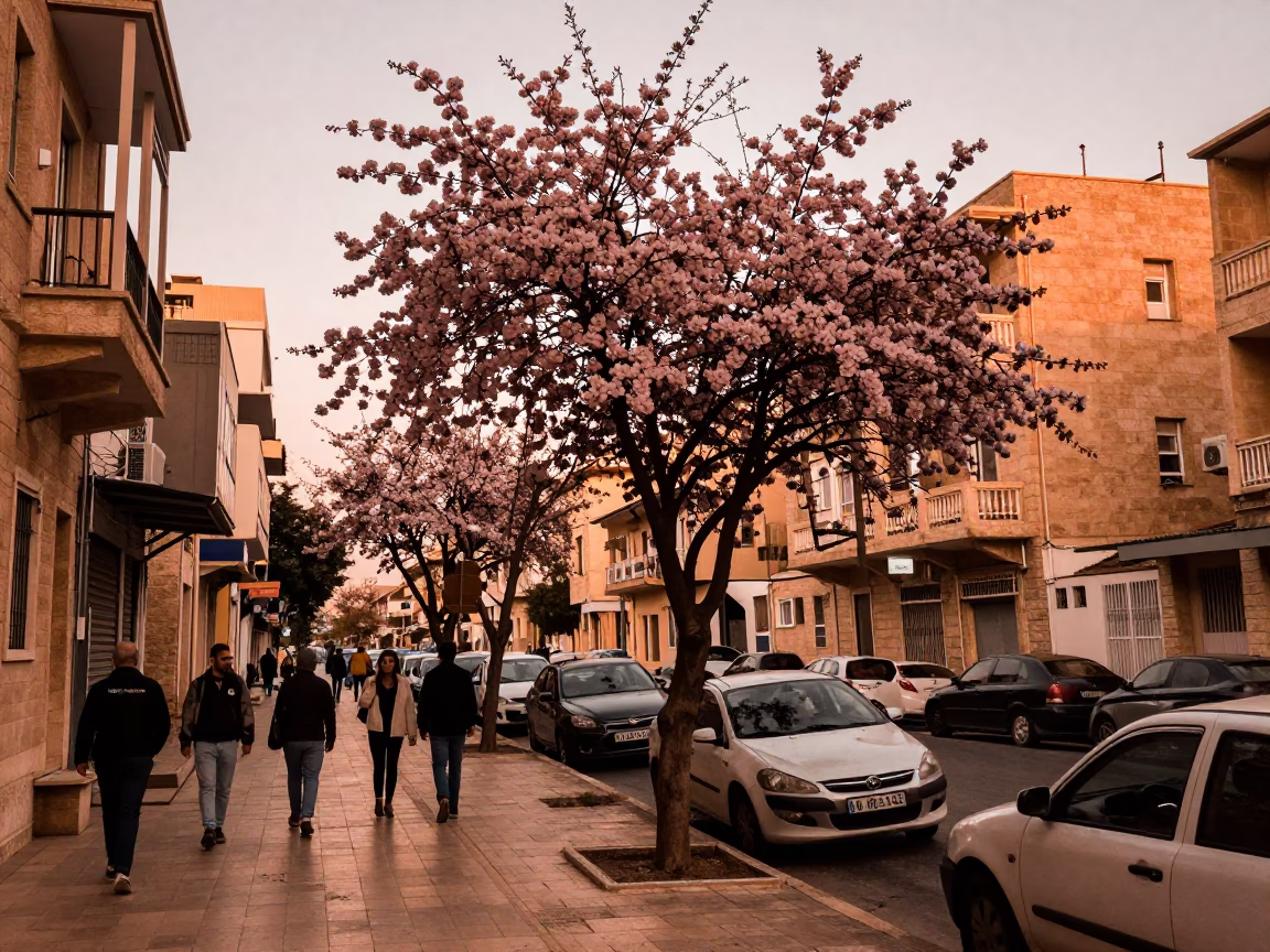 Copper-toned Dusk in Beirut Lebanon Street Scene with Dogwood Tree and Drinking Vessel in in Beirut, Lebanon
