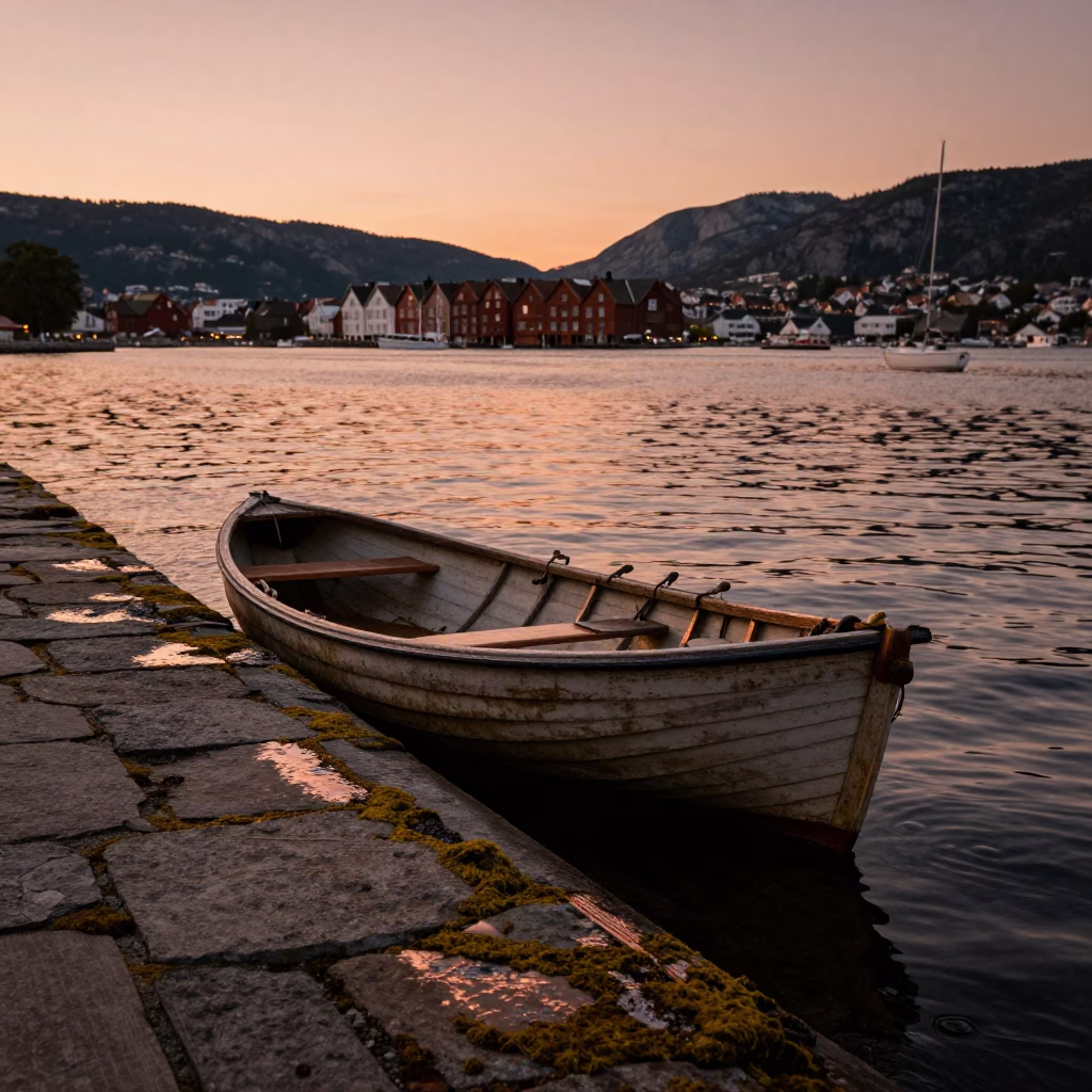 Copper-Toned Dusk in Bergen Norway with Rowboat and Grease Sheen in in Bergen, Norway