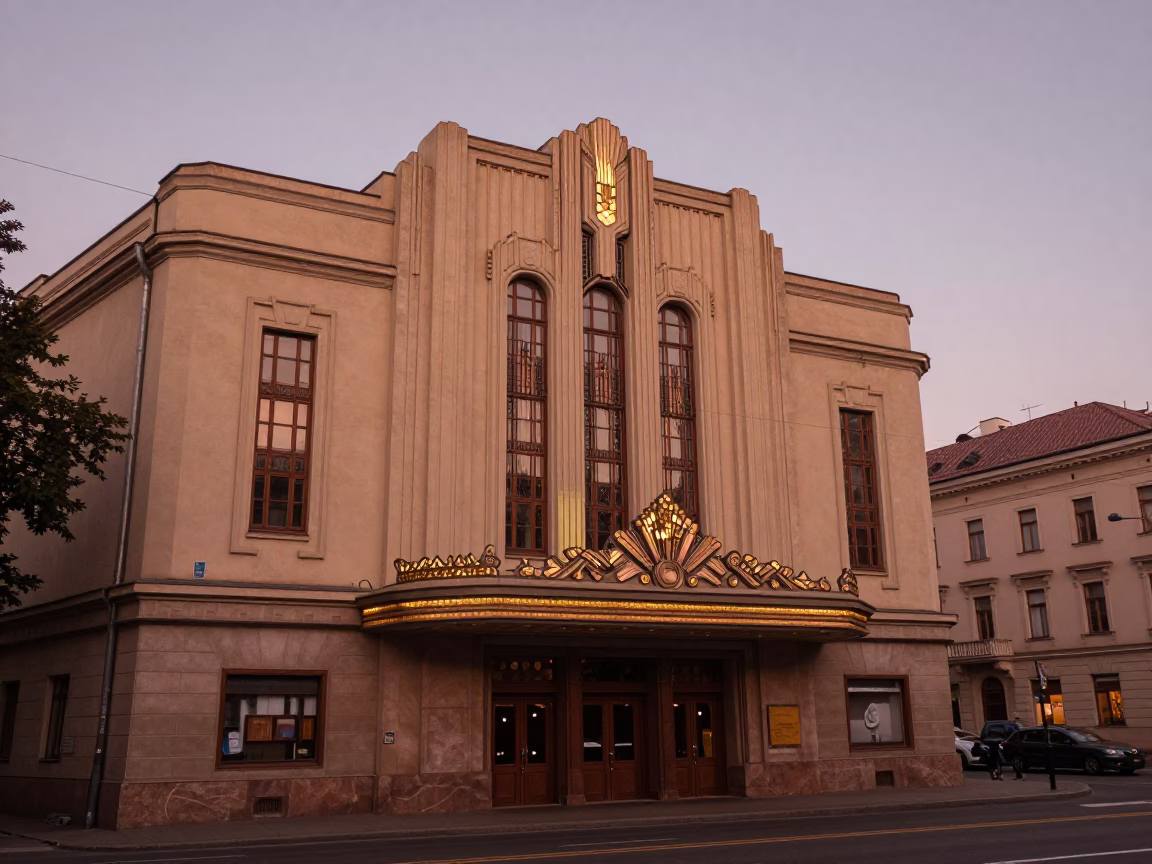 Copper-toned Dusk in Budapest Hungary Featuring Art Deco Cinema Facade and Street Life in in Budapest, Hungary