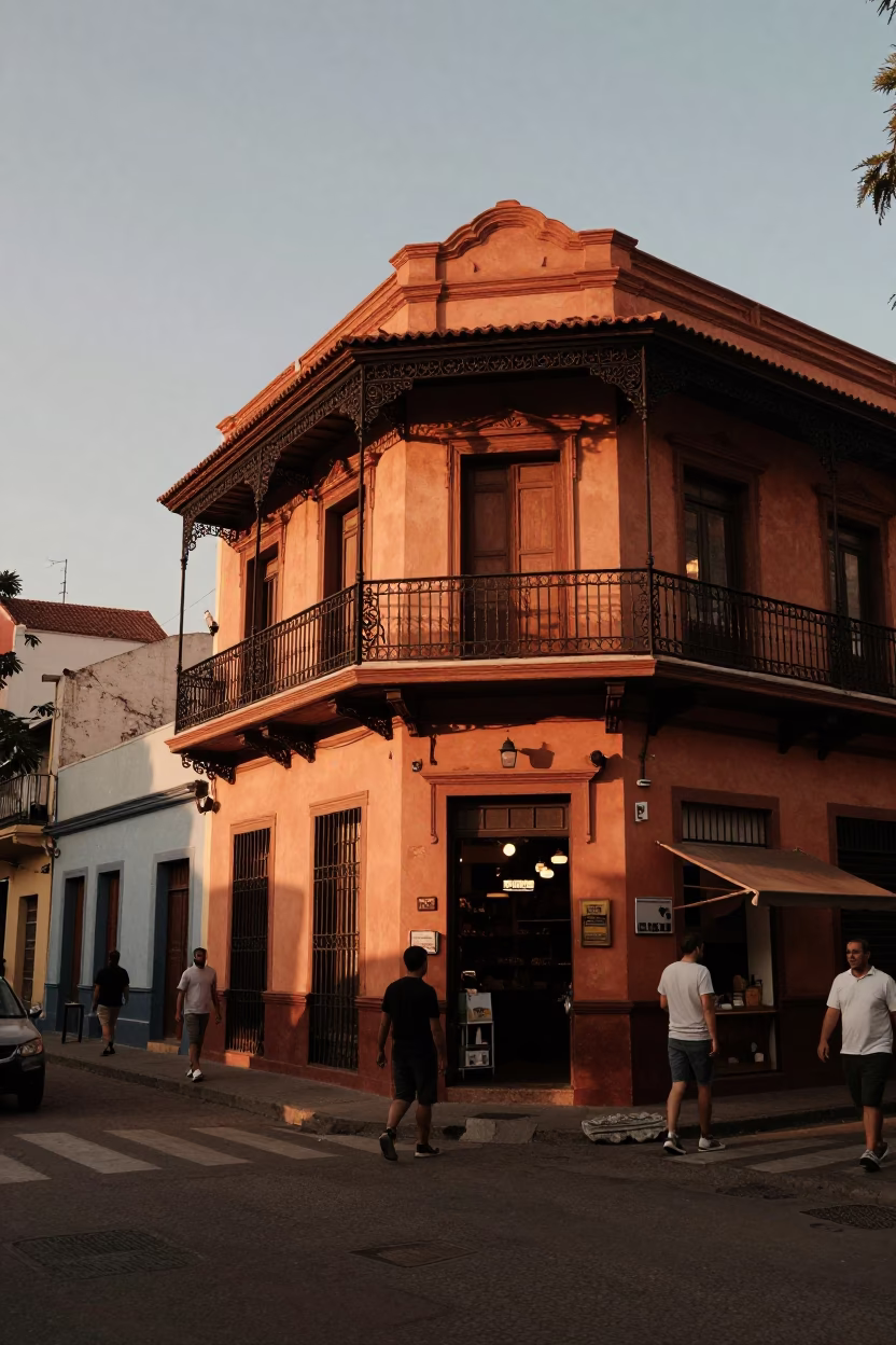 Copper-toned dusk in Buenos Aires Argentina with colorful street scene and local life in in Buenos Aires, Argentina