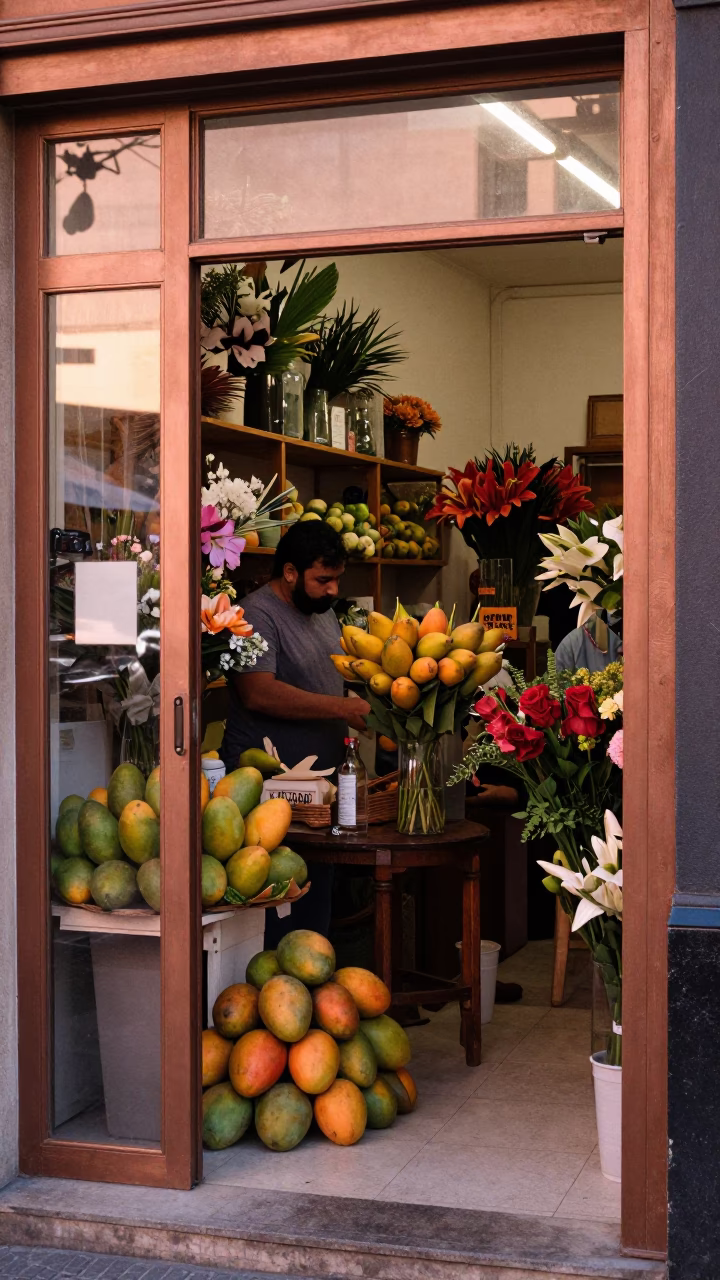 Copper-toned Dusk in Buenos Aires Florist Shop with Mangoes and Glass Doorframe in in Buenos Aires, Argentina