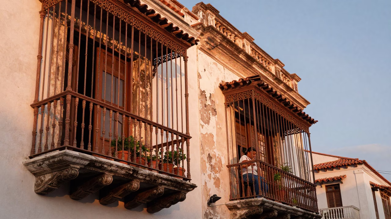 Copper Toned Dusk in Cartagena Colombia Colonial Balcony Scene in in Cartagena, Colombia