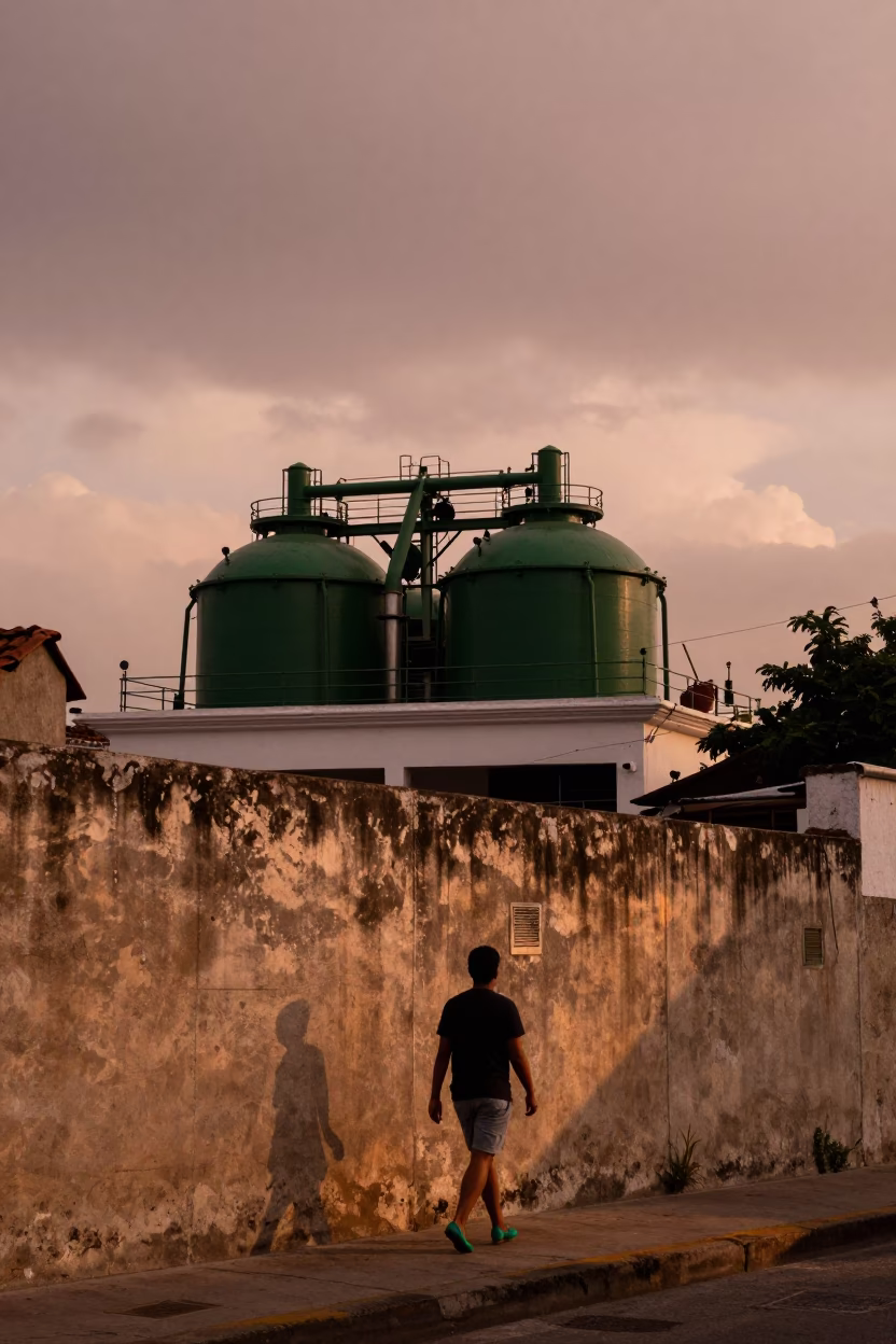 Copper-Toned Dusk in Cartagena Colombia With Green Pumps And Concrete Walls in in Cartagena, Colombia