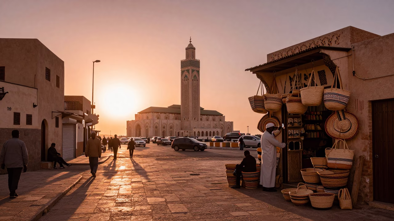 Copper-Toned Dusk in Casablanca Morocco Street Scene with Local Details in in Casablanca, Morocco
