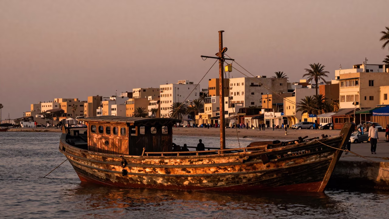 Copper-toned Dusk in Casablanca Morocco with Junk Boat and Street Scene in in Casablanca, Morocco