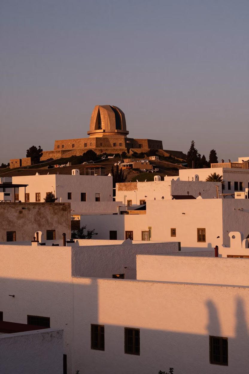 Copper-toned dusk in Casablanca Morocco with stone observatory on hilltop and vintage chair in in Casablanca, Morocco