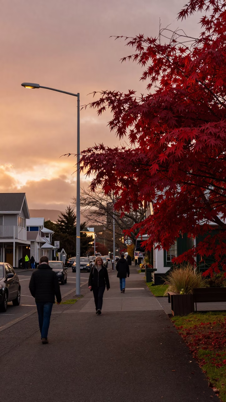 Copper Toned Dusk in Christchurch New Zealand with Japanese Maple and Pedestrian Overpass in in Christchurch, New Zealand