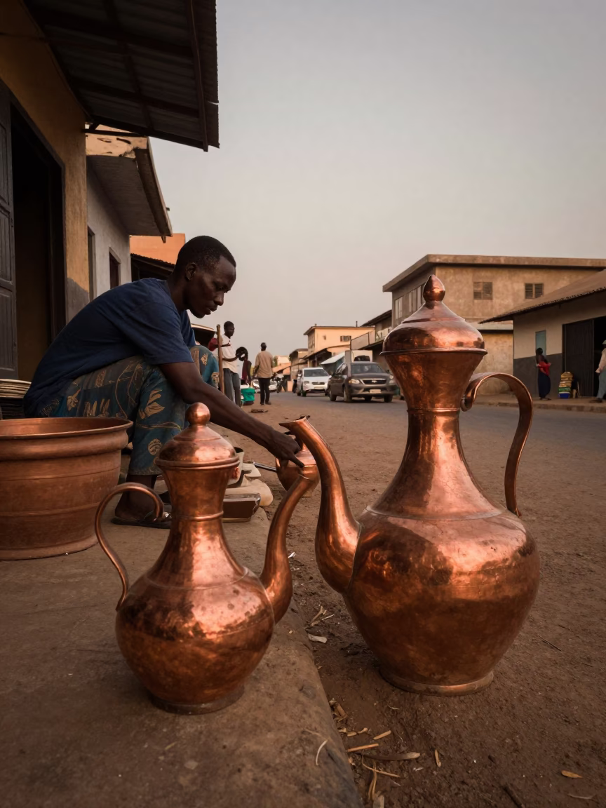Copper Toned Dusk in Dakar Senegal Street Scene with Clay Teapot and Linen Runner in in Dakar, Senegal