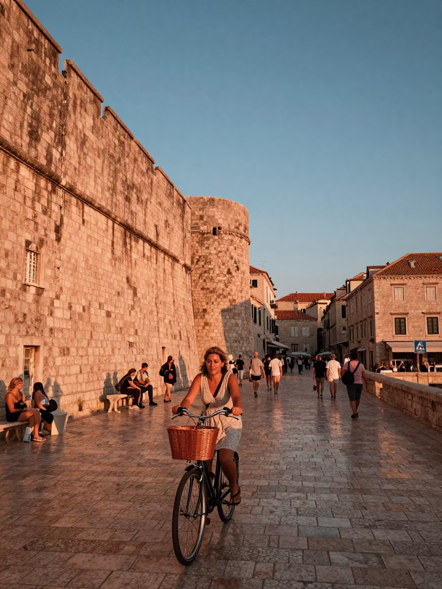 Copper Toned Dusk in Dubrovnik Croatia Bicycle Basket and Local Life in in Dubrovnik, Croatia
