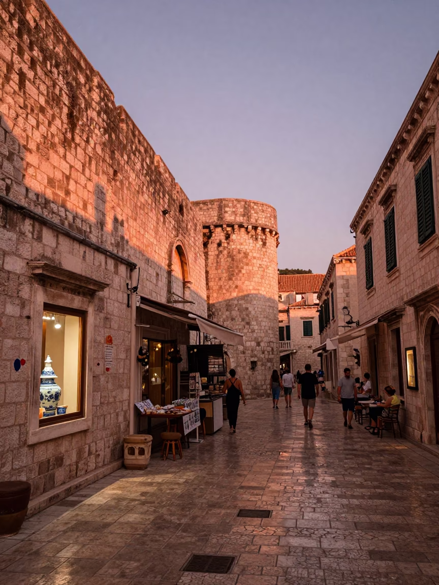 Copper-toned dusk in Dubrovnik Croatia showing local street life and architecture in in Dubrovnik, Croatia