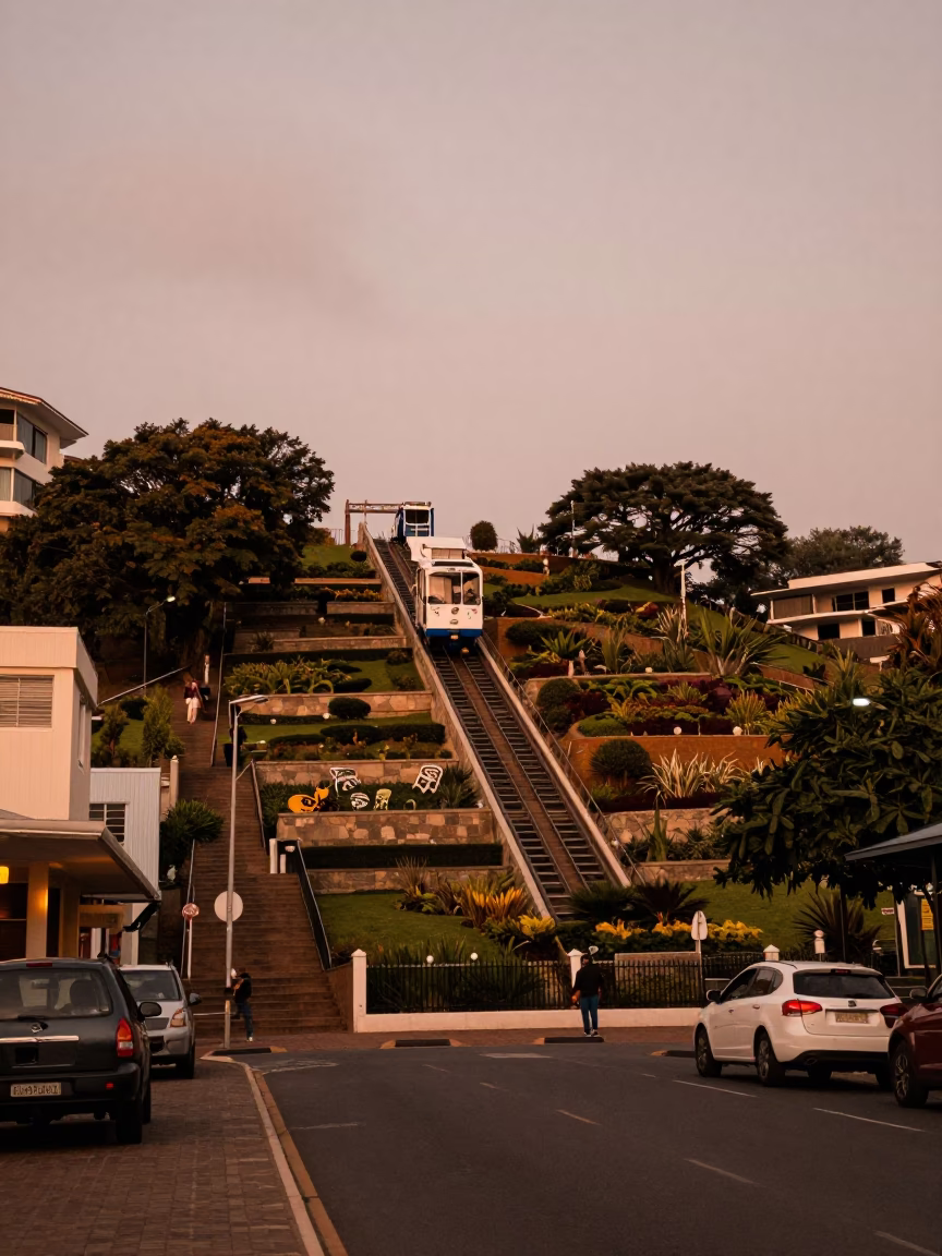 Copper Toned Dusk in Durban South Africa with Funicular Rising Through Terraced Gardens in in Durban, South Africa