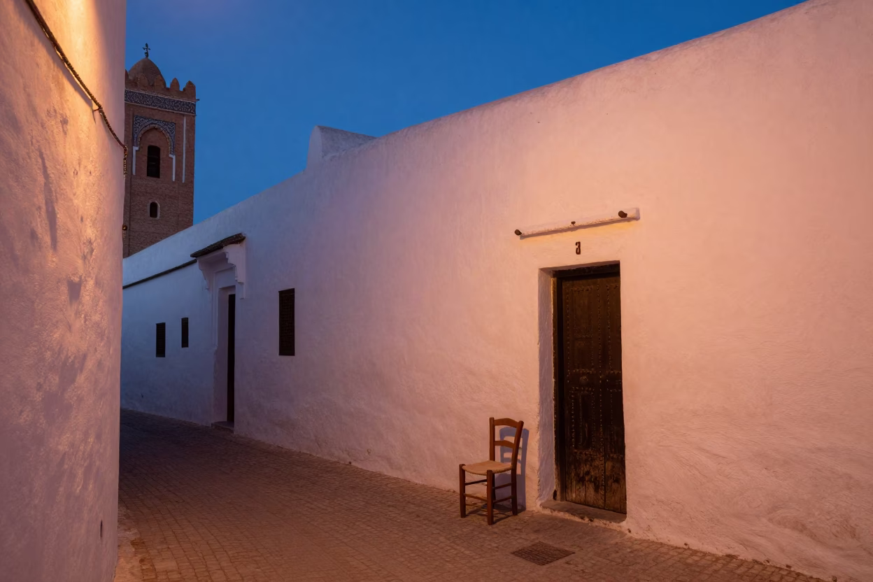 Copper Toned Dusk in Essaouira Morocco Street Scene with Chair and Condensation in in Essaouira, Morocco