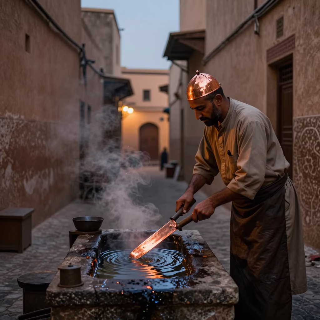 Copper Toned Dusk in Fez Morocco Blacksmith Quenching Blade in Water Trough in in Fez, Morocco