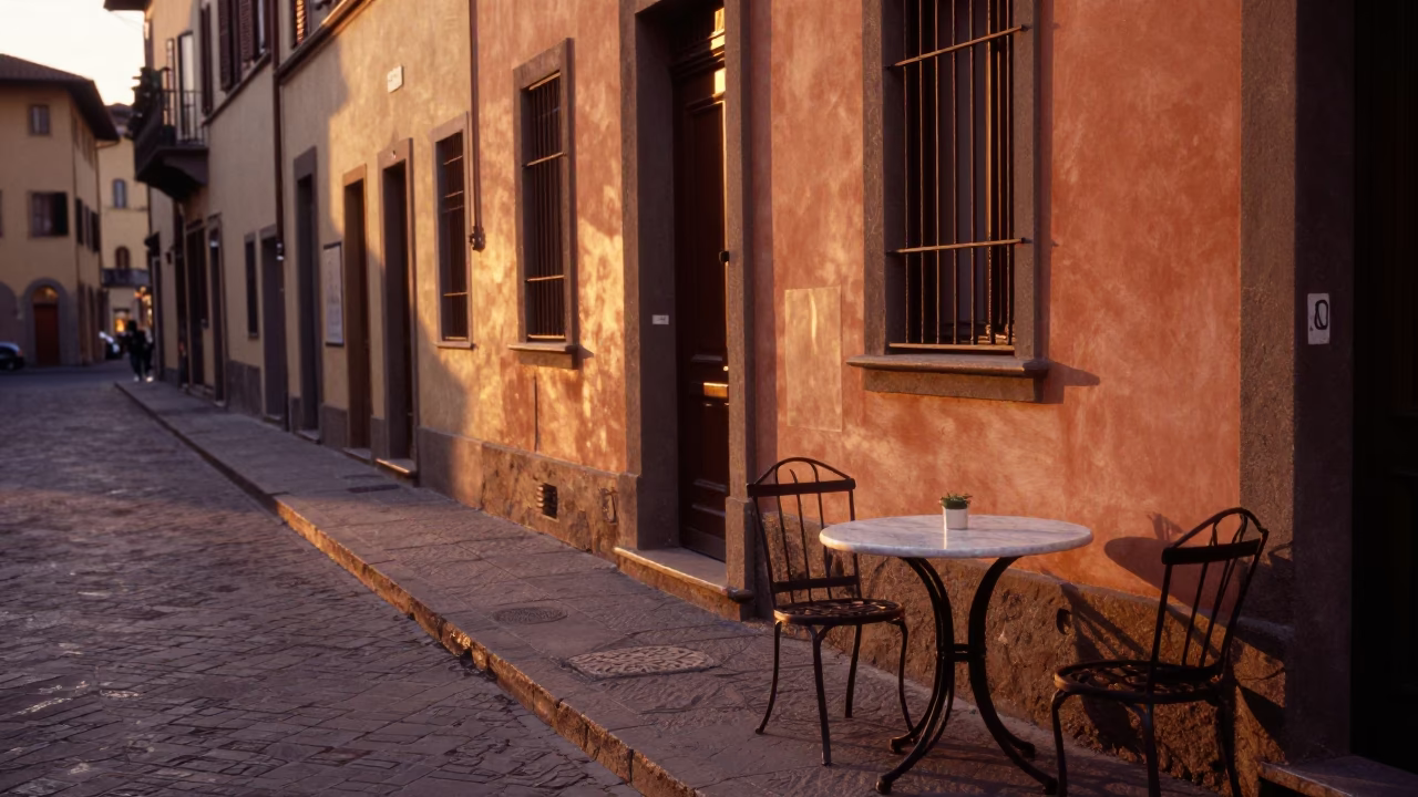 Copper-Toned Dusk in Florence Italy Street Scene with Marble Set and Urban Details in in Florence, Italy